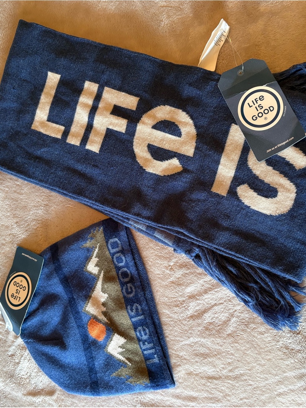 Life Is Good Navy and White Knit Scarf & Beanie Set